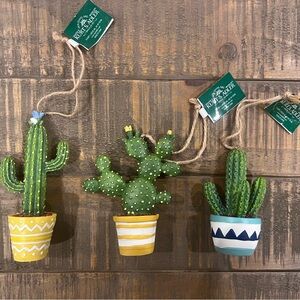 Kurt Adler Cactus Ornament in Blue and Green Pot. Set of 3